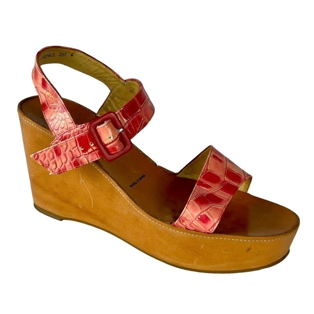 ROBERT CLERGERIE CORAL RED CROCODILE STAMPED PLATFORM WEDGE SANDALS